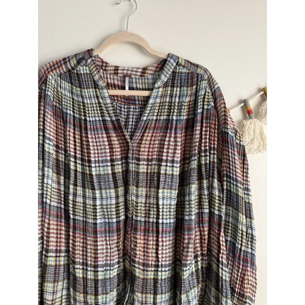 Free People Come On Over Multicolor Plaid Pleated Flowy Oversized Top Boho S